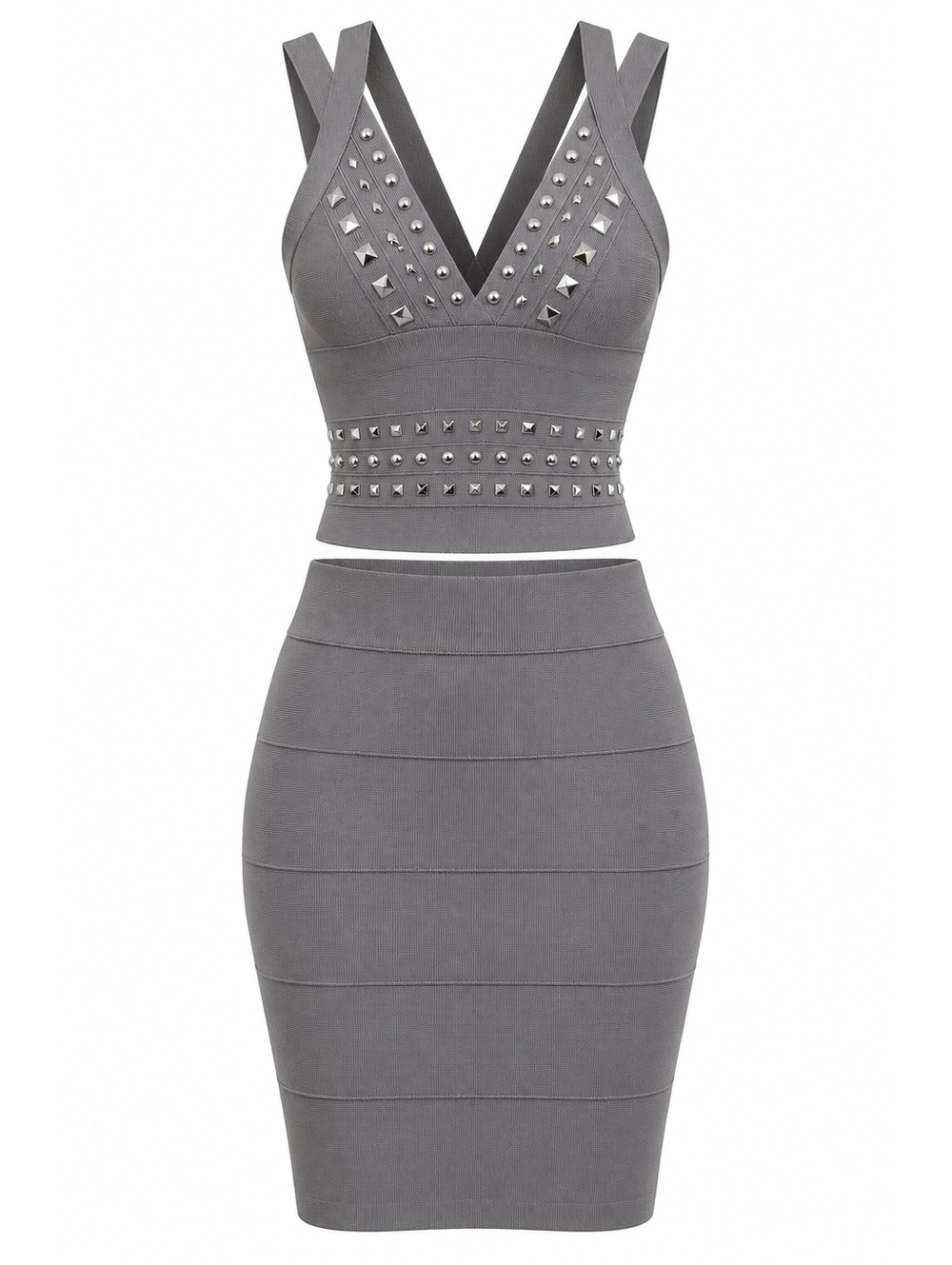 Caché Gray Studded Top & Skirt Set